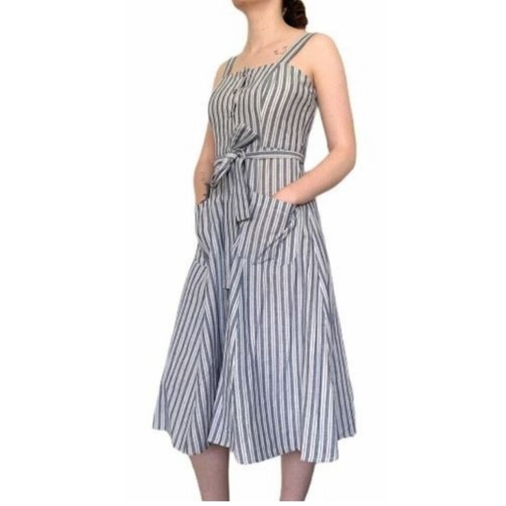 V by Violet Weekend Blue White Striped Button Front Midi Dress with Pockets L